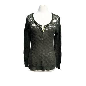 Olive Crochet Knit Long Sleeve Henley